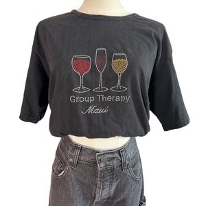 vtg y2k Black Rhinestone Wine Glass Group Therapy tee